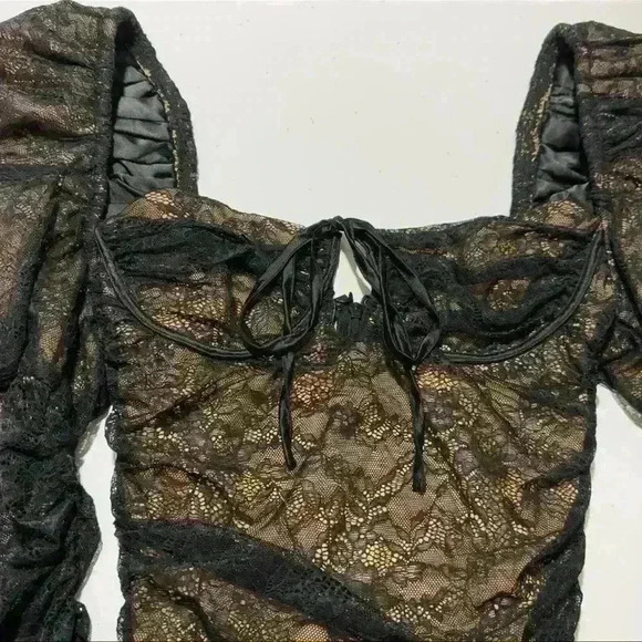 MAJORELLE MARIJA x Revolve Oversized Puff Sleeve Lace Mini Dress Black Nude XS - Picture 6 of 16